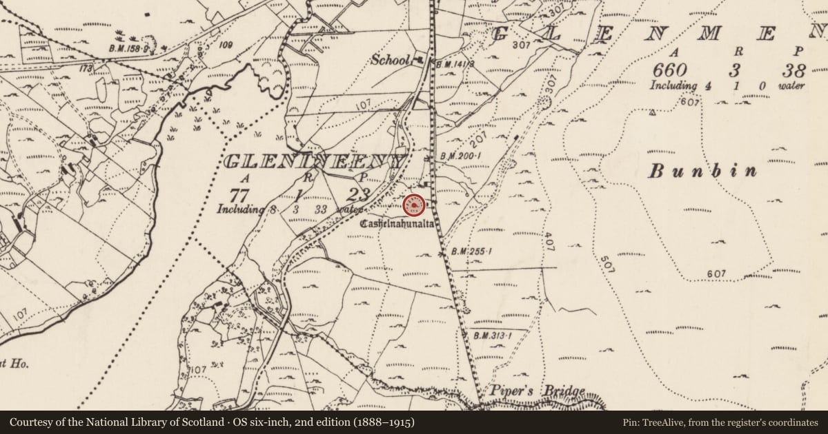Ordnance Survey six-inch map, 2nd edition (1888–1915) covering the location of Ringfort - cashel, Glenineeny, County Donegal, with a pin at the register's coordinates