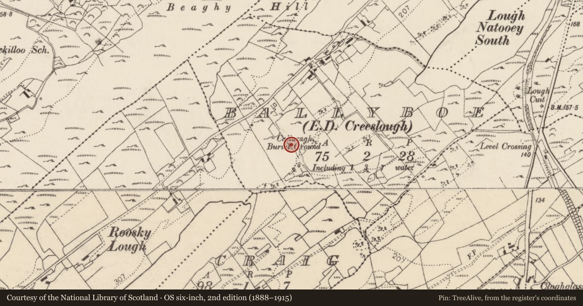 Ordnance Survey six-inch map, 2nd edition (1888–1915) covering the location of Children's burial ground, Baile Na Bó, County Donegal, with a pin at the register's coordinates