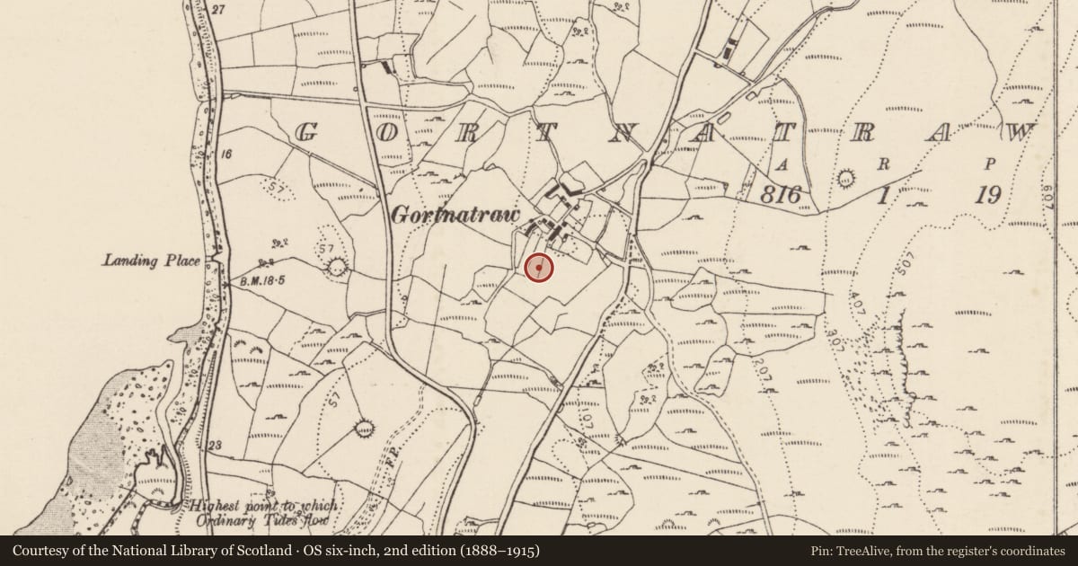 Ordnance Survey six-inch map, 2nd edition (1888–1915) covering the location of Cist, Gortnatraw South, County Donegal, with a pin at the register's coordinates