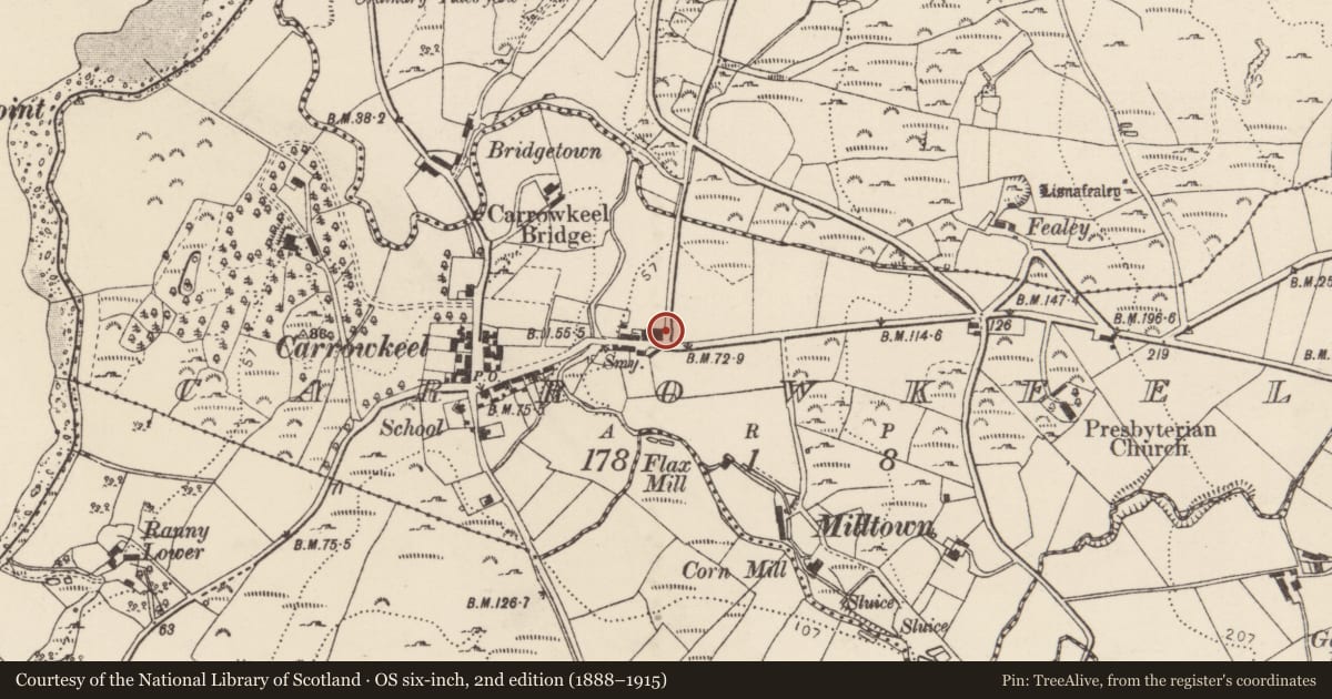 Ordnance Survey six-inch map, 2nd edition (1888–1915) covering the location of Bullaun stone, Carrowkeel, County Donegal, with a pin at the register's coordinates