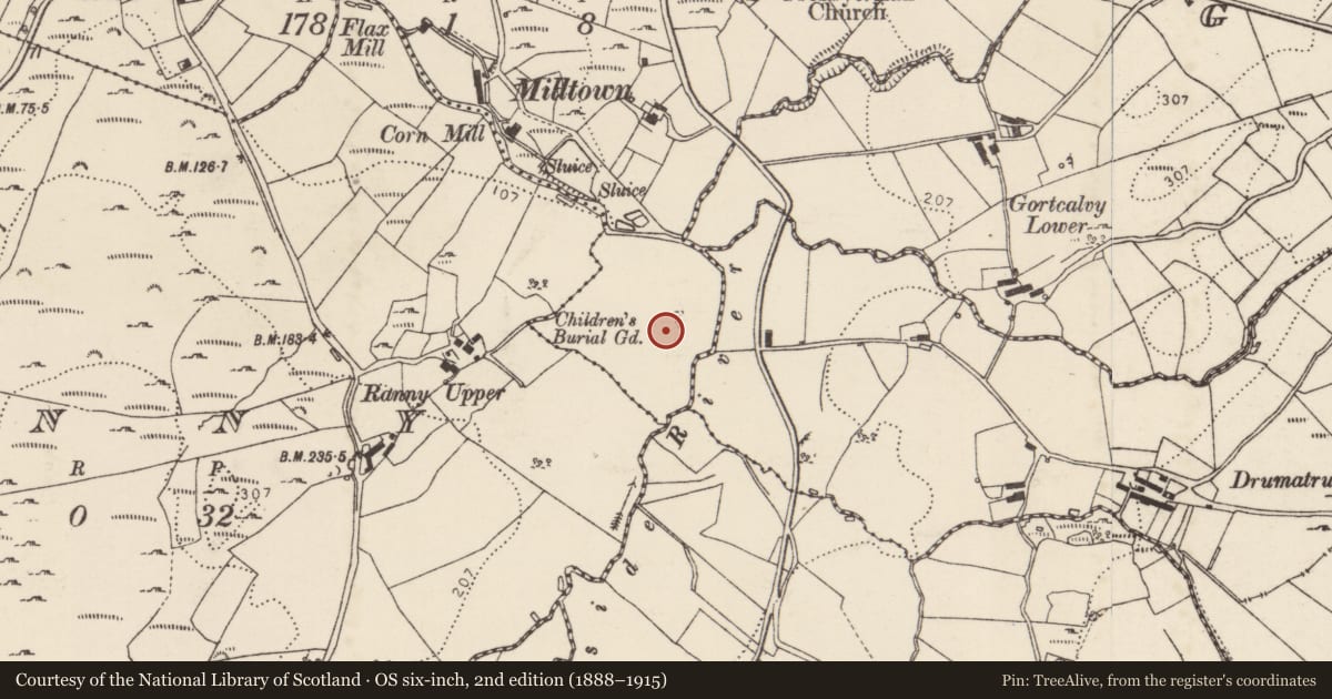 Ordnance Survey six-inch map, 2nd edition (1888–1915) covering the location of Children's burial ground, Carrowkeel, County Donegal, with a pin at the register's coordinates
