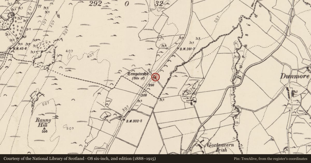 Ordnance Survey six-inch map, 2nd edition (1888–1915) covering the location of Church, Raithnigh (TC An Cheathrú Chaol), County Donegal, with a pin at the register's coordinates