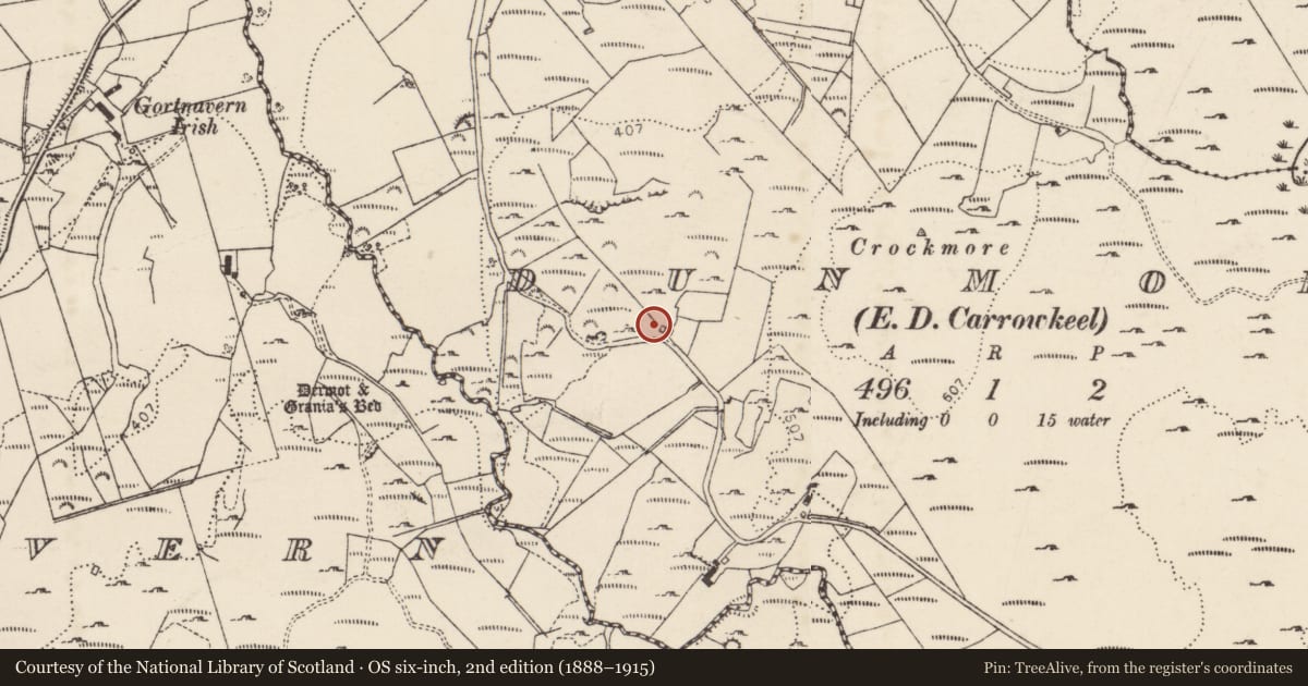 Ordnance Survey six-inch map, 2nd edition (1888–1915) covering the location of Standing stone, Dunmore, County Donegal, with a pin at the register's coordinates