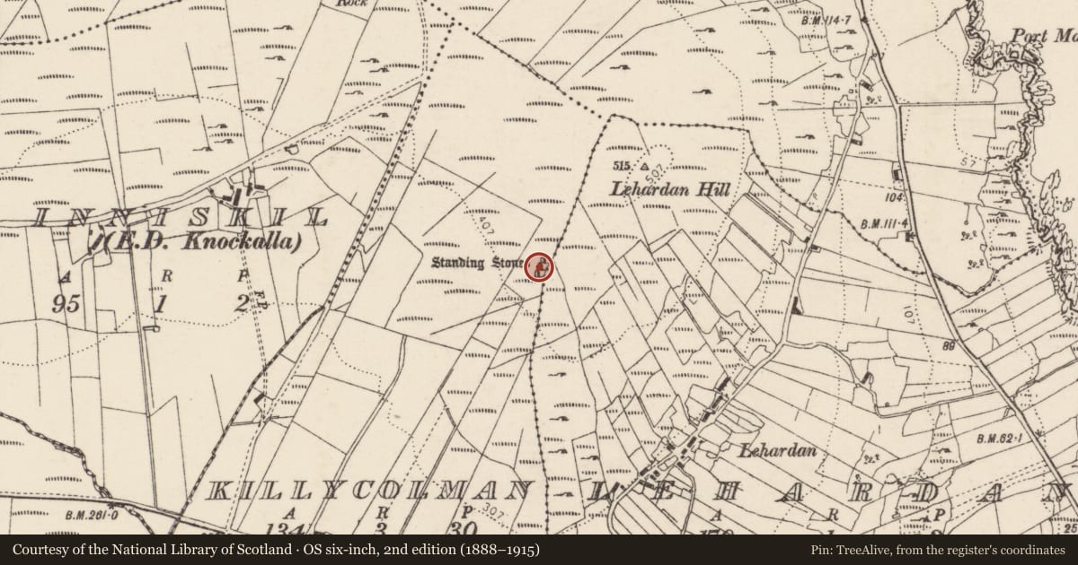 Ordnance Survey six-inch map, 2nd edition (1888–1915) covering the location of Stone row, Killycolman, County Donegal, with a pin at the register's coordinates