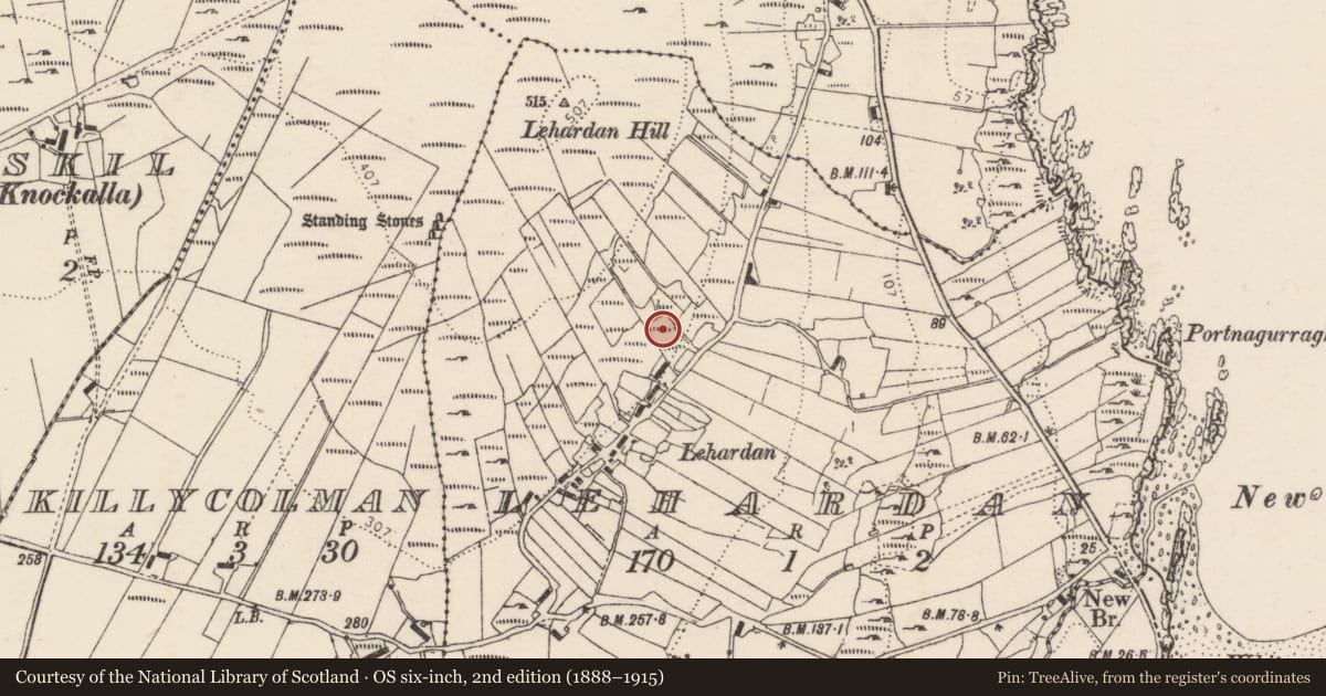 Ordnance Survey six-inch map, 2nd edition (1888–1915) covering the location of Ringfort - cashel, Lehardan, County Donegal, with a pin at the register's coordinates