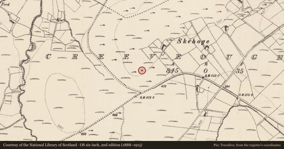 Ordnance Survey six-inch map, 2nd edition (1888–1915) covering the location of Hut site, Creeveoughter, County Donegal, with a pin at the register's coordinates