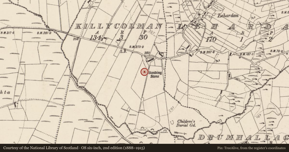 Ordnance Survey six-inch map, 2nd edition (1888–1915) covering the location of Souterrain, Killycolman, County Donegal, with a pin at the register's coordinates
