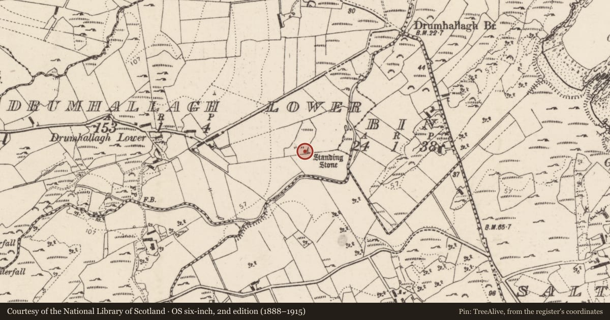 Ordnance Survey six-inch map, 2nd edition (1888–1915) covering the location of Bullaun stone, Drumhallagh Lower, County Donegal, with a pin at the register's coordinates
