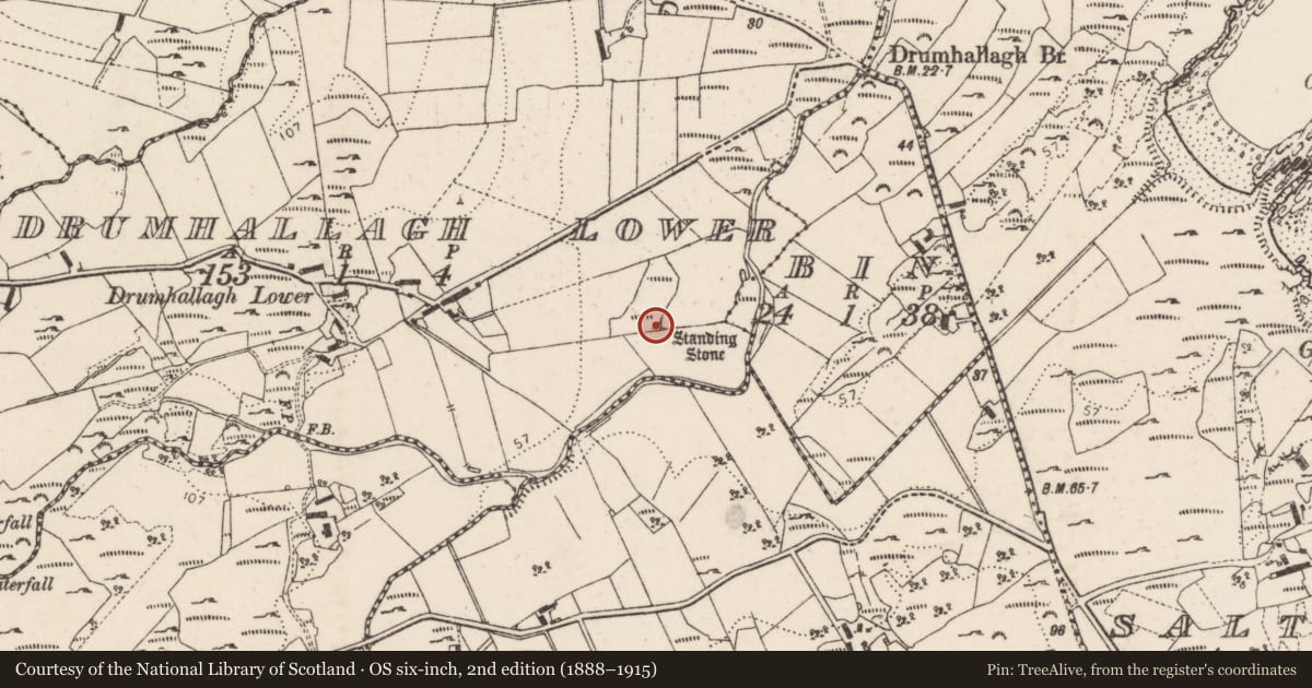Ordnance Survey six-inch map, 2nd edition (1888–1915) covering the location of Enclosure, Drumhallagh Lower, County Donegal, with a pin at the register's coordinates