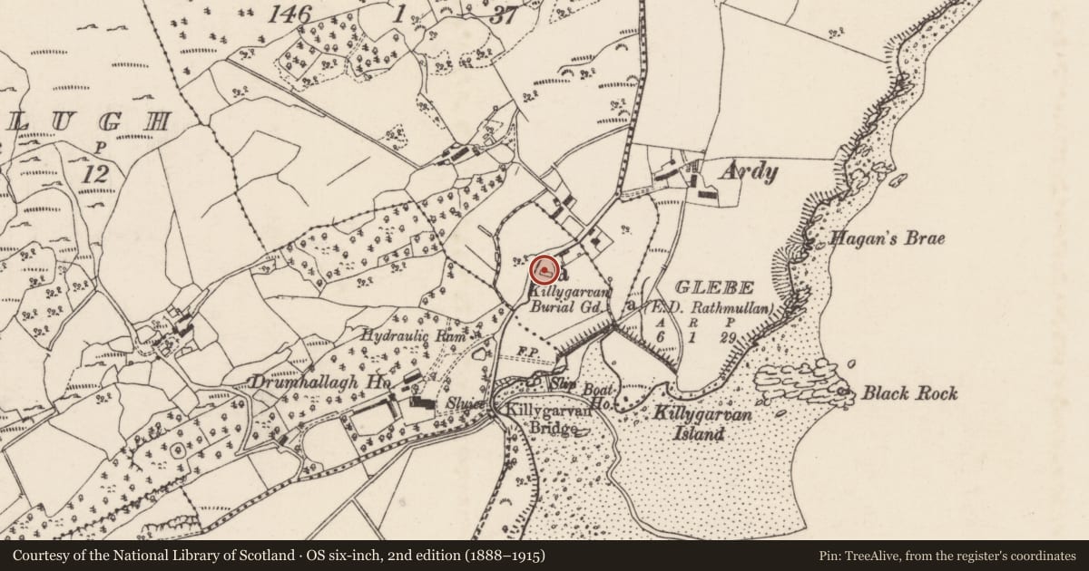 Ordnance Survey six-inch map, 2nd edition (1888–1915) covering the location of Church, Glebe, County Donegal, with a pin at the register's coordinates