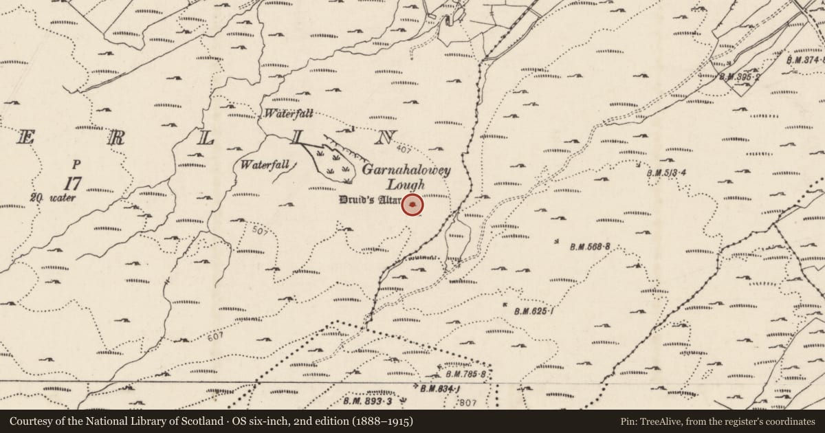 Ordnance Survey six-inch map, 2nd edition (1888–1915) covering the location of Megalithic structure, Oughterlin, County Donegal, with a pin at the register's coordinates