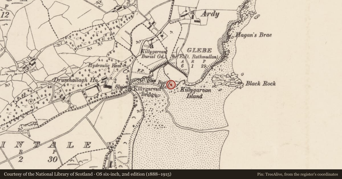 Ordnance Survey six-inch map, 2nd edition (1888–1915) covering the location of Burial, Killygarvan Lower, County Donegal, with a pin at the register's coordinates