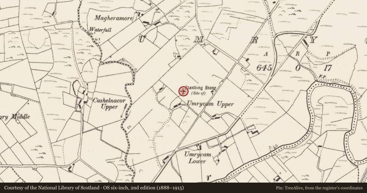 Ordnance Survey six-inch map, 2nd edition (1888–1915) covering the location of Standing stone, Umrycam, County Donegal, with a pin at the register's coordinates