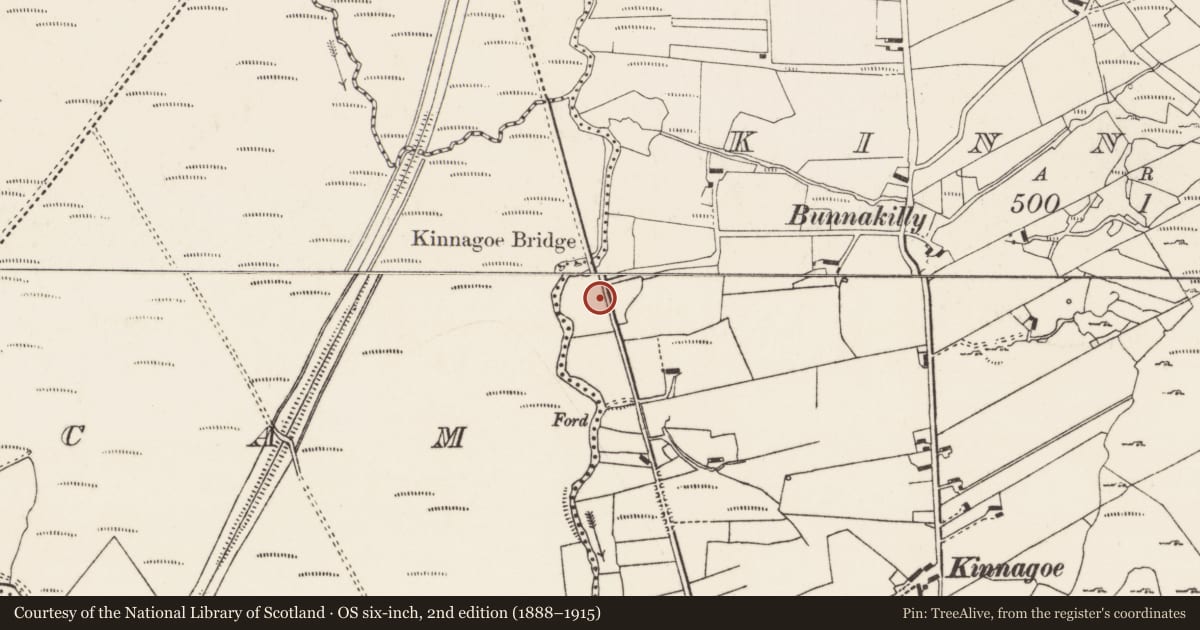 Ordnance Survey six-inch map, 2nd edition (1888–1915) covering the location of Burial ground, Kinnagoe, County Donegal, with a pin at the register's coordinates