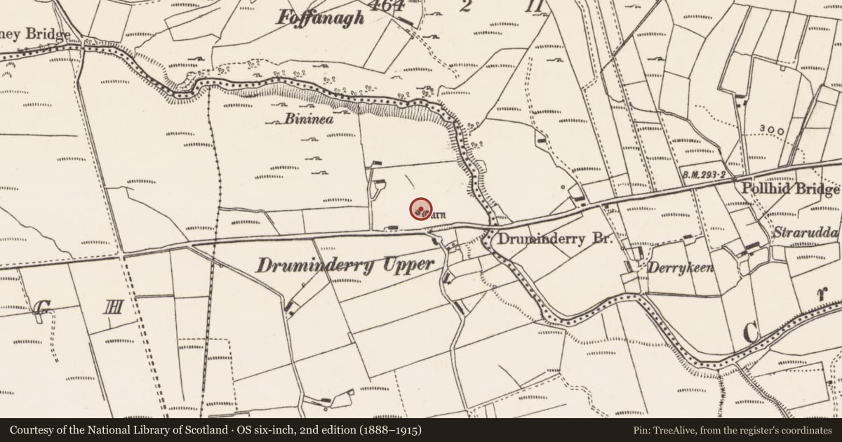 Ordnance Survey six-inch map, 2nd edition (1888–1915) covering the location of Cairn - unclassified, Druminderry Upper And Lower, County Donegal, with a pin at the register's coordinates