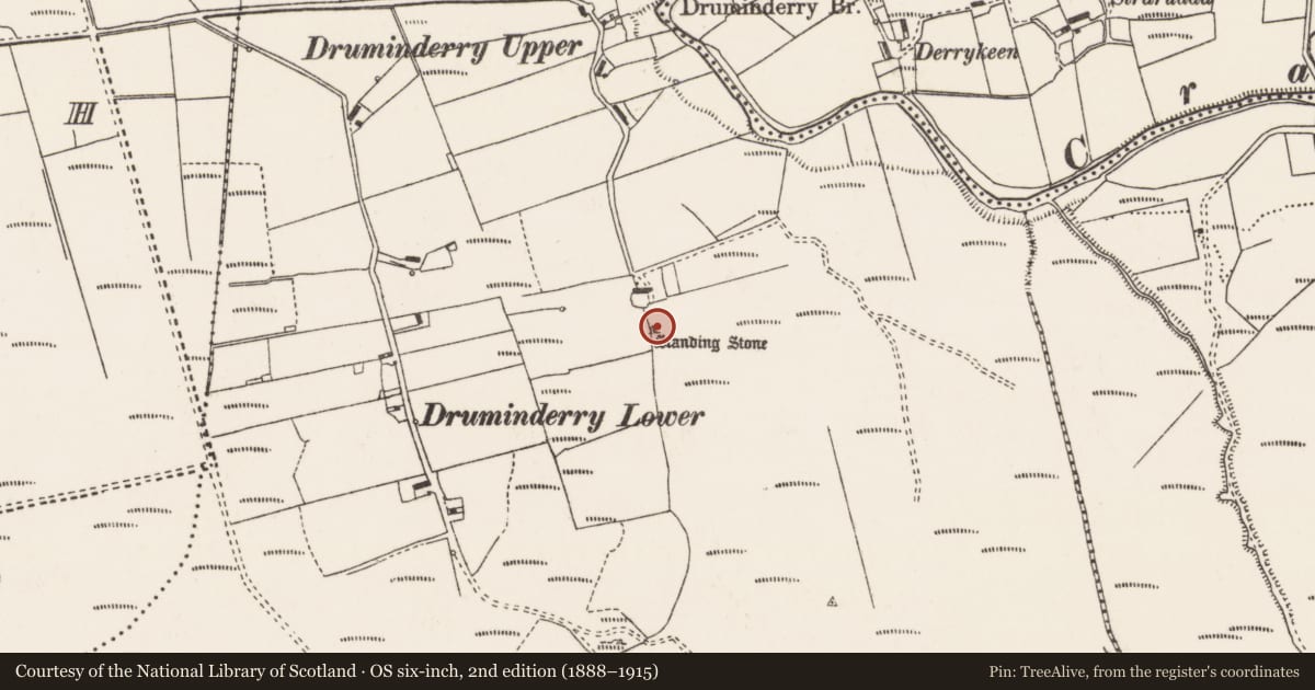 Ordnance Survey six-inch map, 2nd edition (1888–1915) covering the location of Standing stone, Druminderry Upper And Lower, County Donegal, with a pin at the register's coordinates