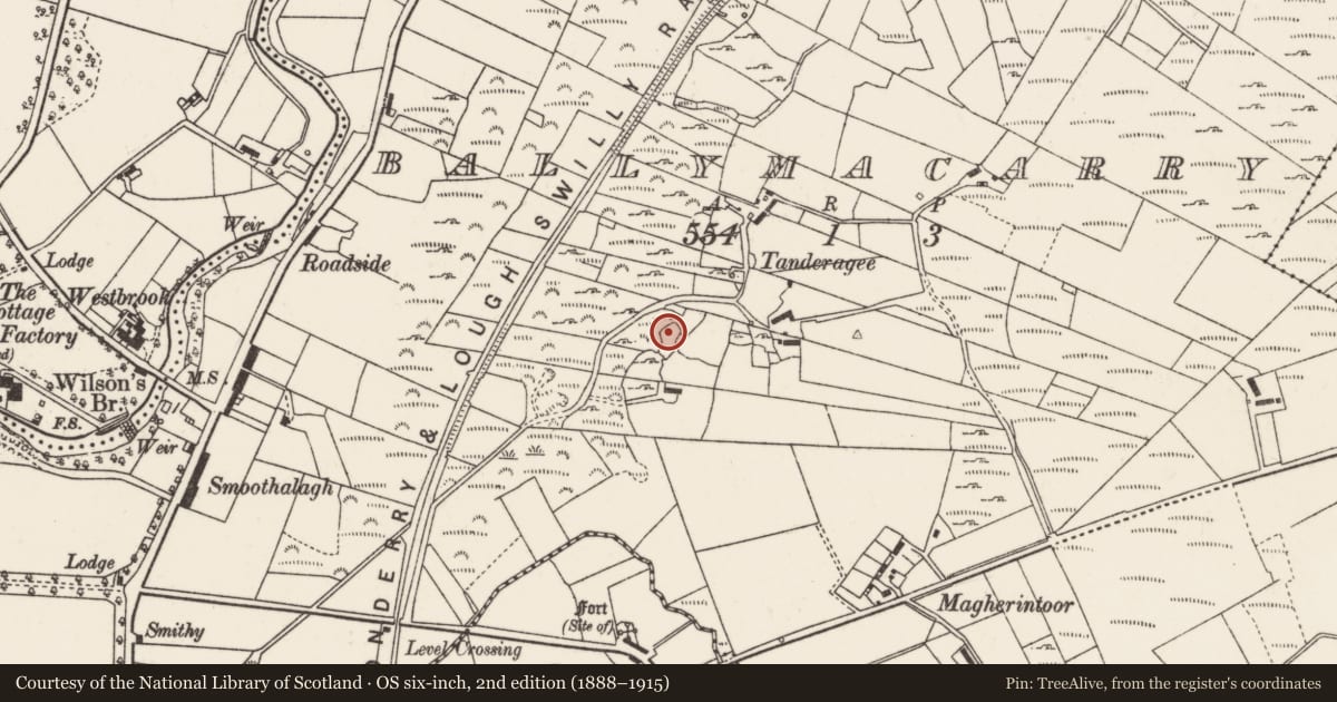 Ordnance Survey six-inch map, 2nd edition (1888–1915) covering the location of Ringfort - cashel, Ballymacarry, County Donegal, with a pin at the register's coordinates