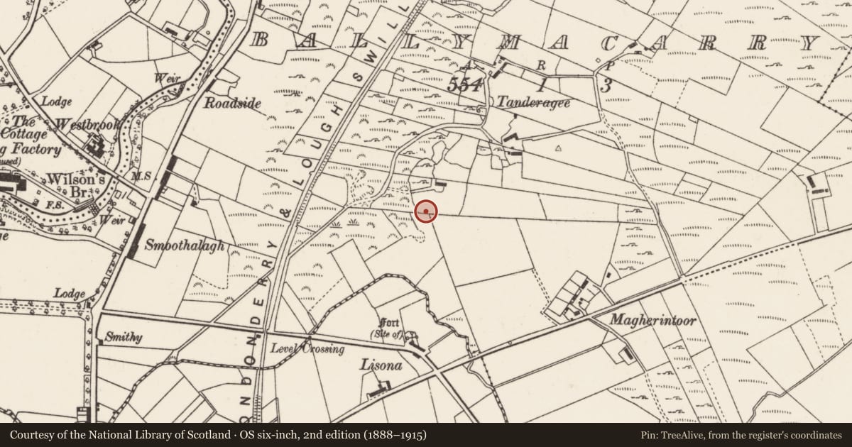 Ordnance Survey six-inch map, 2nd edition (1888–1915) covering the location of Ringfort - cashel, Ballymacarry, County Donegal, with a pin at the register's coordinates