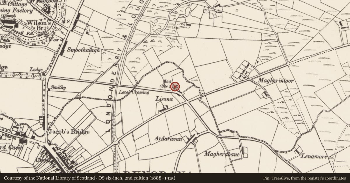 Ordnance Survey six-inch map, 2nd edition (1888–1915) covering the location of Ringfort - cashel, Ardaravan, County Donegal, with a pin at the register's coordinates