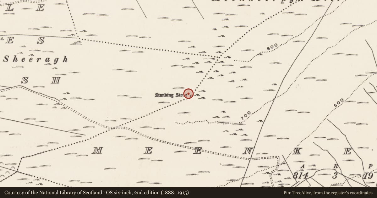 Ordnance Survey six-inch map, 2nd edition (1888–1915) covering the location of Standing stone, Meenkeeragh, Bauville Keeloges And Clonglash, County Donegal, with a pin at the register's coordinates