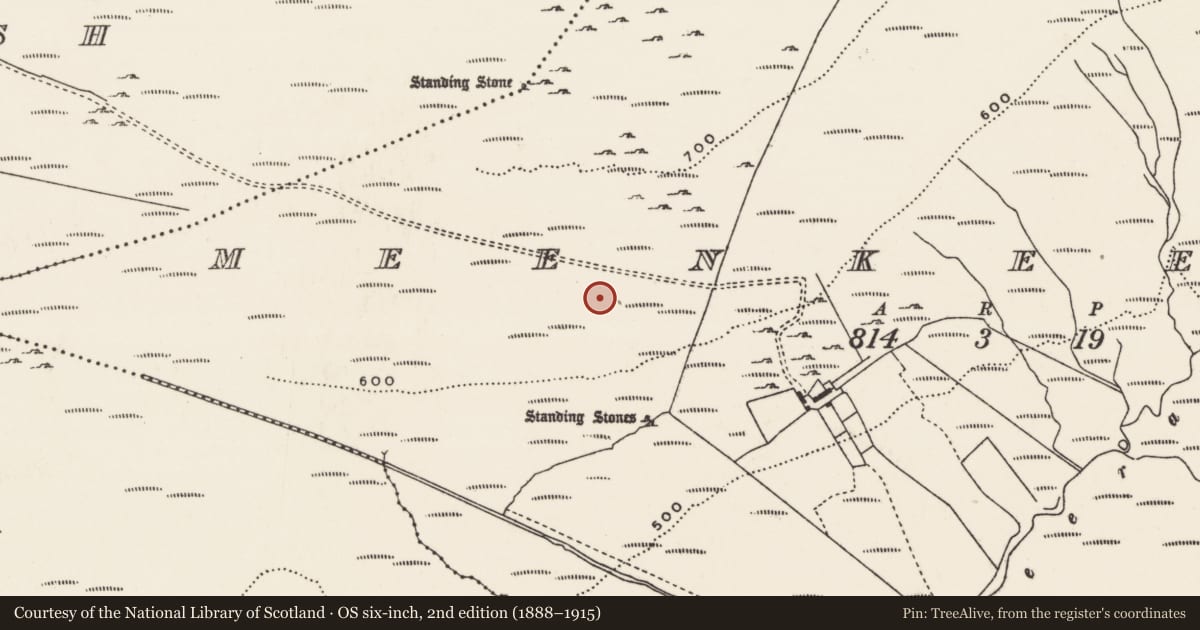 Ordnance Survey six-inch map, 2nd edition (1888–1915) covering the location of Megalithic tomb - wedge tomb, Meenkeeragh, County Donegal, with a pin at the register's coordinates