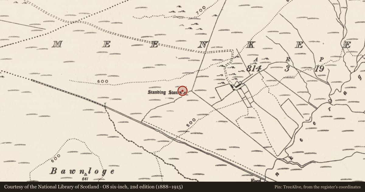 Ordnance Survey six-inch map, 2nd edition (1888–1915) covering the location of Standing stone, Meenkeeragh, County Donegal, with a pin at the register's coordinates