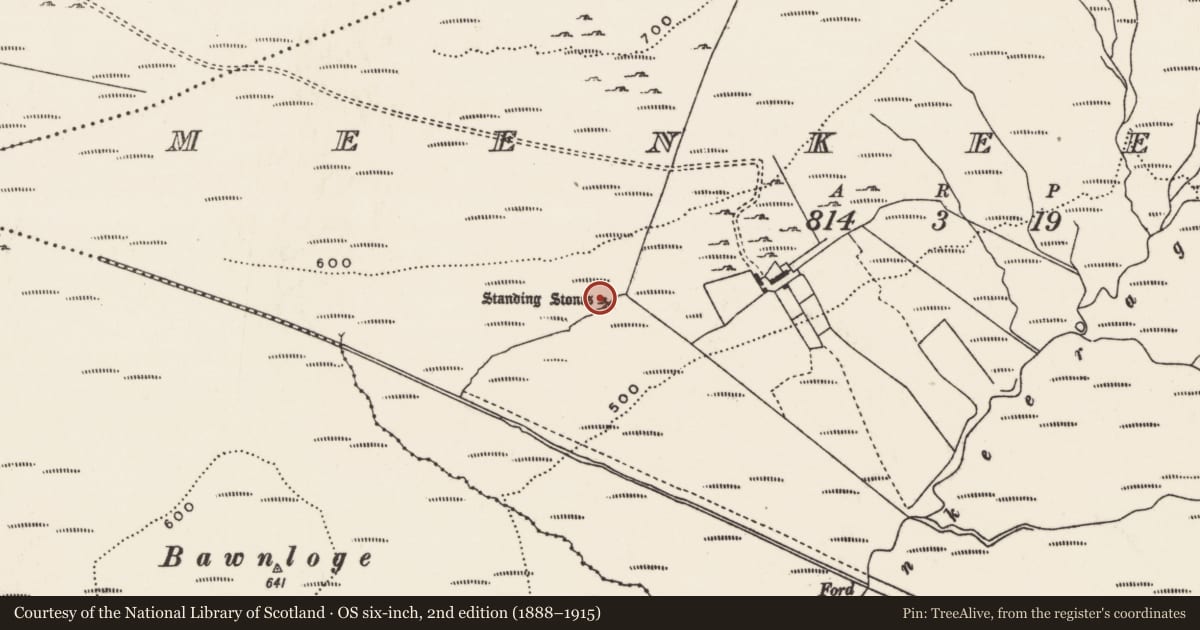 Ordnance Survey six-inch map, 2nd edition (1888–1915) covering the location of Standing stone, Meenkeeragh, County Donegal, with a pin at the register's coordinates