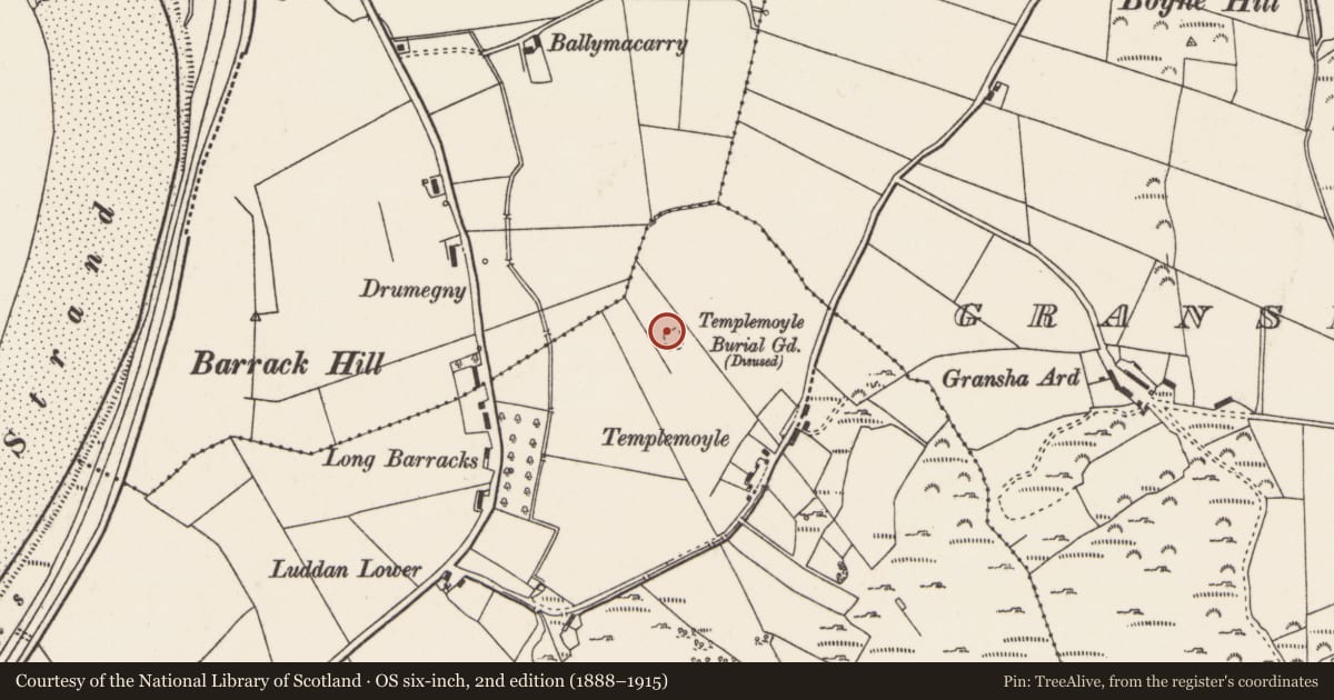 Ordnance Survey six-inch map, 2nd edition (1888–1915) covering the location of Bullaun stone, Luddan, County Donegal, with a pin at the register's coordinates