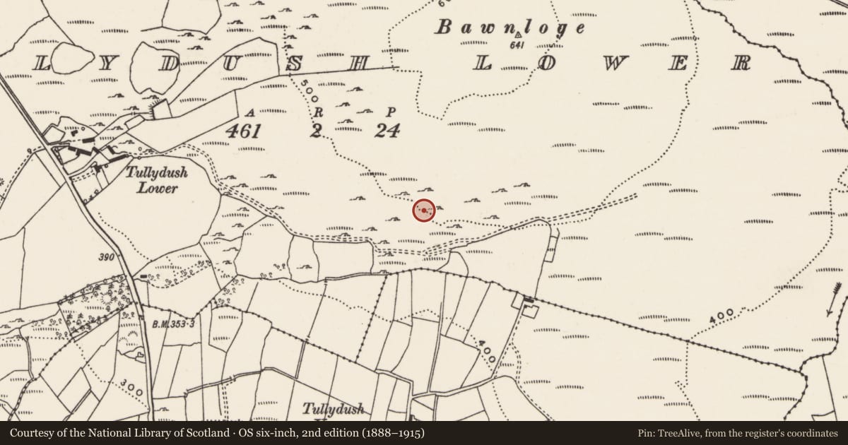 Ordnance Survey six-inch map, 2nd edition (1888–1915) covering the location of House - indeterminate date, Tullydush Lower, County Donegal, with a pin at the register's coordinates