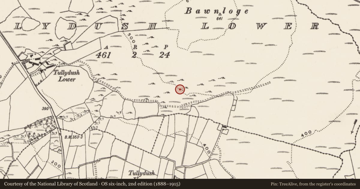 Ordnance Survey six-inch map, 2nd edition (1888–1915) covering the location of House - indeterminate date, Tullydush Lower, County Donegal, with a pin at the register's coordinates