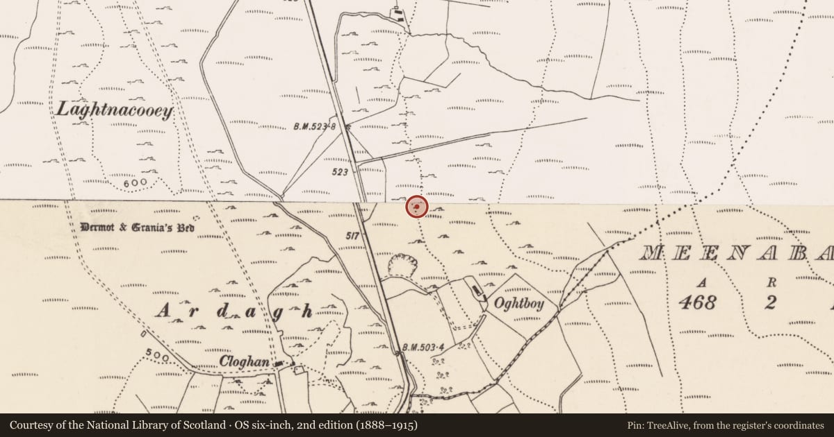 Ordnance Survey six-inch map, 2nd edition (1888–1915) covering the location of Hut site, Carrowmore Or Glentogher, County Donegal, with a pin at the register's coordinates