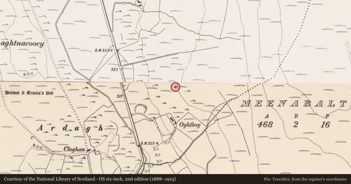 Ordnance Survey six-inch map, 2nd edition (1888–1915) covering the location of Megalithic tomb - wedge tomb, Carrowmore Or Glentogher, County Donegal, with a pin at the register's coordinates