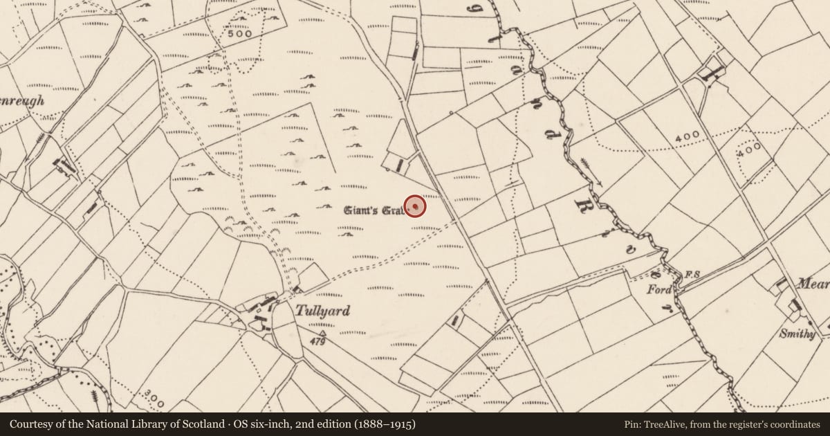 Ordnance Survey six-inch map, 2nd edition (1888–1915) covering the location of Megalithic tomb - wedge tomb, Cabry, County Donegal, with a pin at the register's coordinates