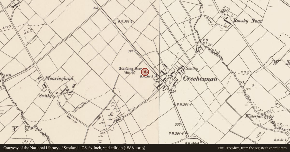 Ordnance Survey six-inch map, 2nd edition (1888–1915) covering the location of Standing stone, Creehennan, County Donegal, with a pin at the register's coordinates