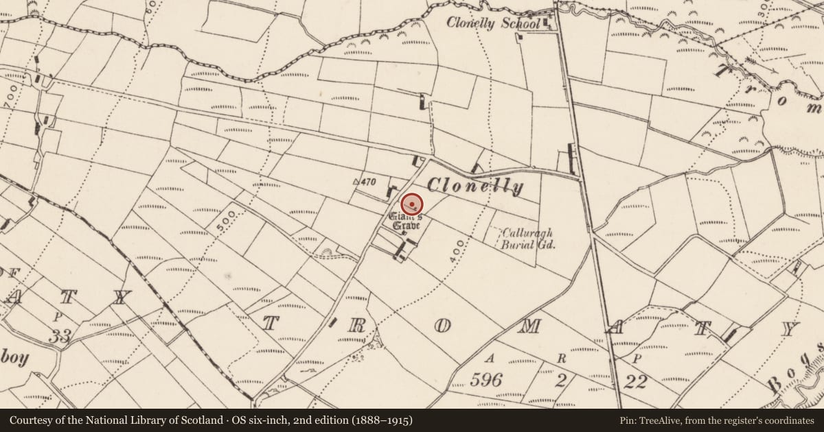 Ordnance Survey six-inch map, 2nd edition (1888–1915) covering the location of Megalithic tomb - unclassified, Tromaty, County Donegal, with a pin at the register's coordinates