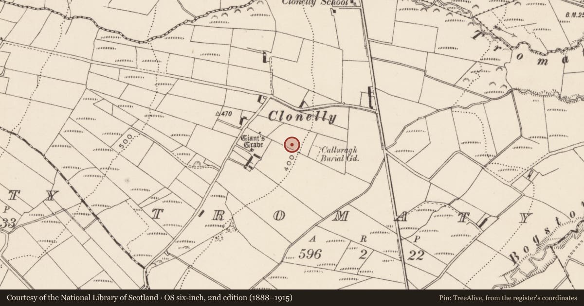 Ordnance Survey six-inch map, 2nd edition (1888–1915) covering the location of Megalithic tomb - unclassified, Tromaty, County Donegal, with a pin at the register's coordinates