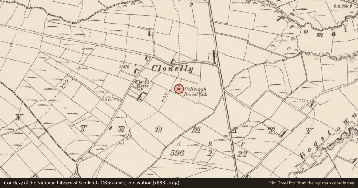 Ordnance Survey six-inch map, 2nd edition (1888–1915) covering the location of Burial ground, Tromaty, County Donegal, with a pin at the register's coordinates
