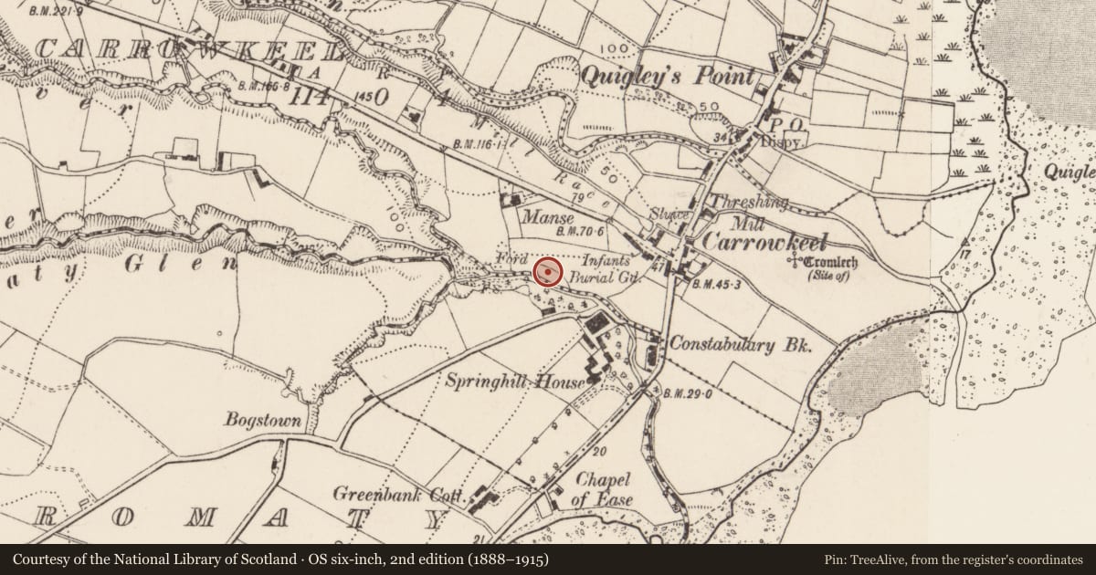 Ordnance Survey six-inch map, 2nd edition (1888–1915) covering the location of Children's burial ground, Carrowkeel, County Donegal, with a pin at the register's coordinates