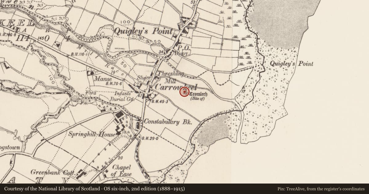 Ordnance Survey six-inch map, 2nd edition (1888–1915) covering the location of Megalithic tomb - unclassified, Carrowkeel, County Donegal, with a pin at the register's coordinates