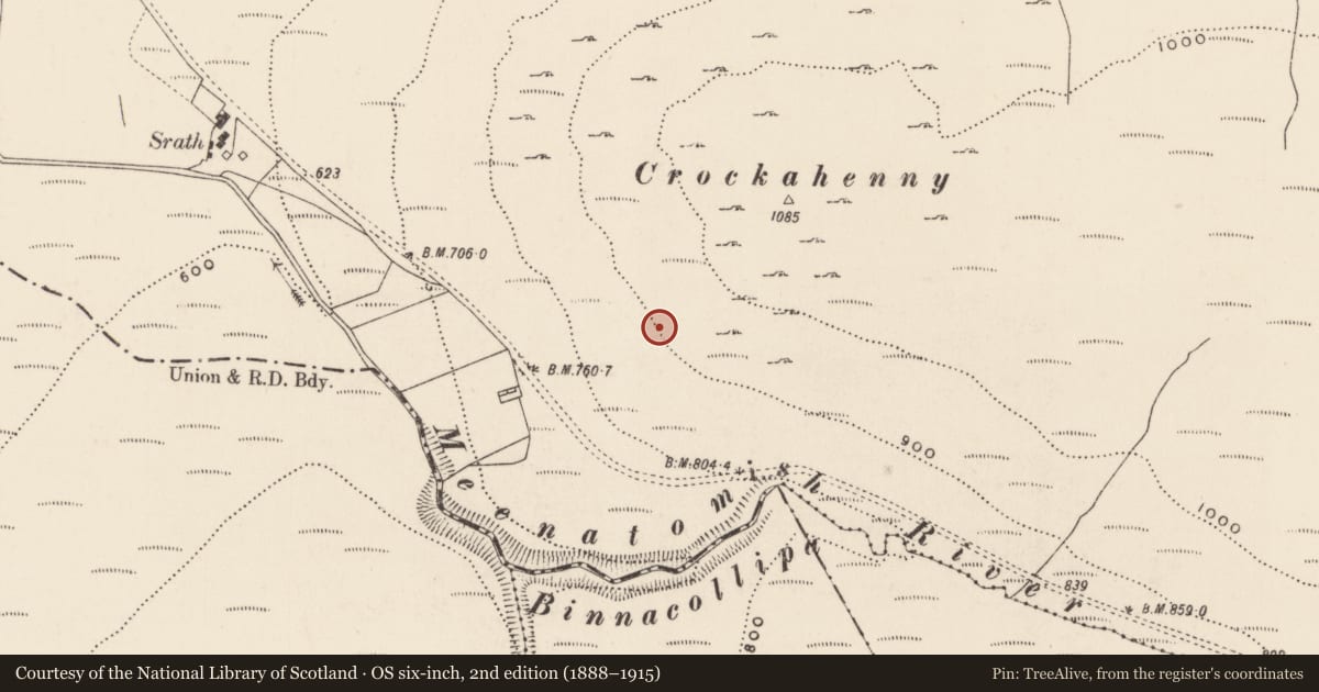 Ordnance Survey six-inch map, 2nd edition (1888–1915) covering the location of Field system, Crockahenny, County Donegal, with a pin at the register's coordinates