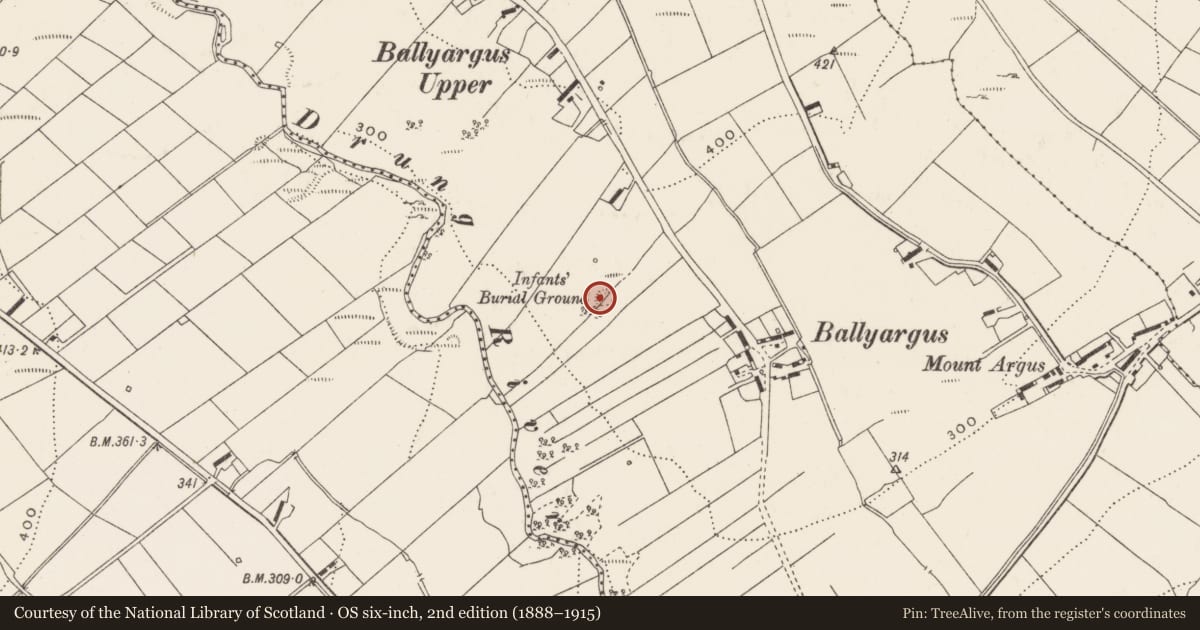 Ordnance Survey six-inch map, 2nd edition (1888–1915) covering the location of Children's burial ground, Ballyargus, County Donegal, with a pin at the register's coordinates