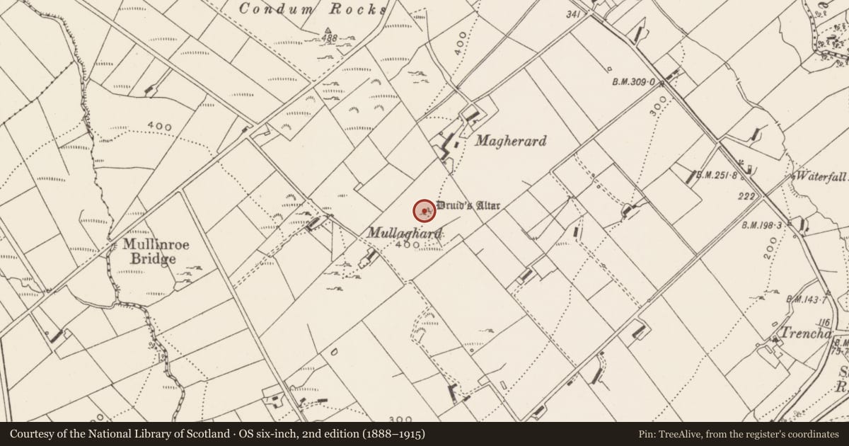 Ordnance Survey six-inch map, 2nd edition (1888–1915) covering the location of Megalithic tomb - unclassified, Drung, County Donegal, with a pin at the register's coordinates