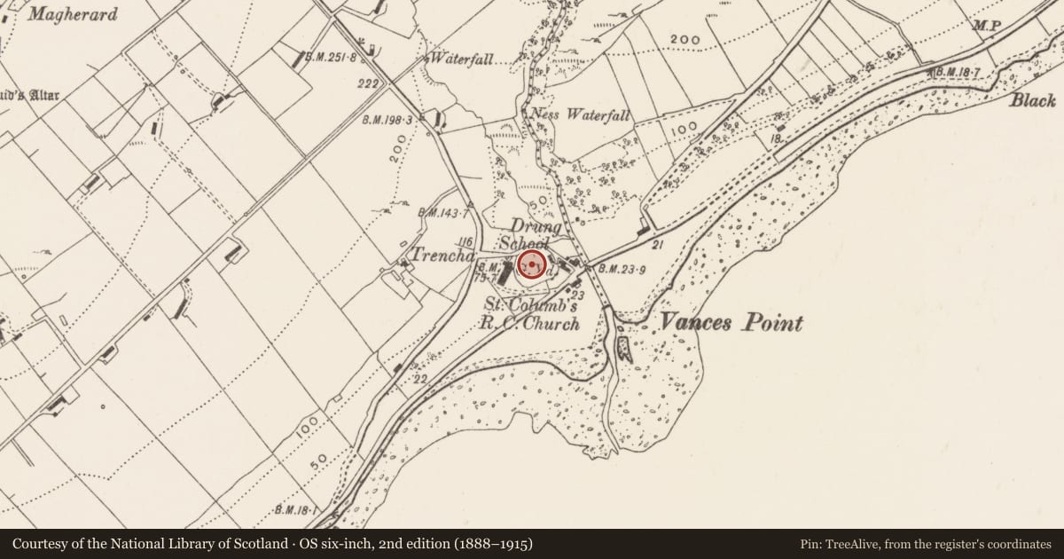 Ordnance Survey six-inch map, 2nd edition (1888–1915) covering the location of Ringfort - unclassified, Drung, County Donegal, with a pin at the register's coordinates