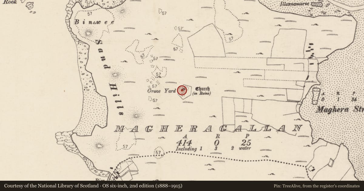 Ordnance Survey six-inch map, 2nd edition (1888–1915) covering the location of Church, MacHaire Gathlán, County Donegal, with a pin at the register's coordinates