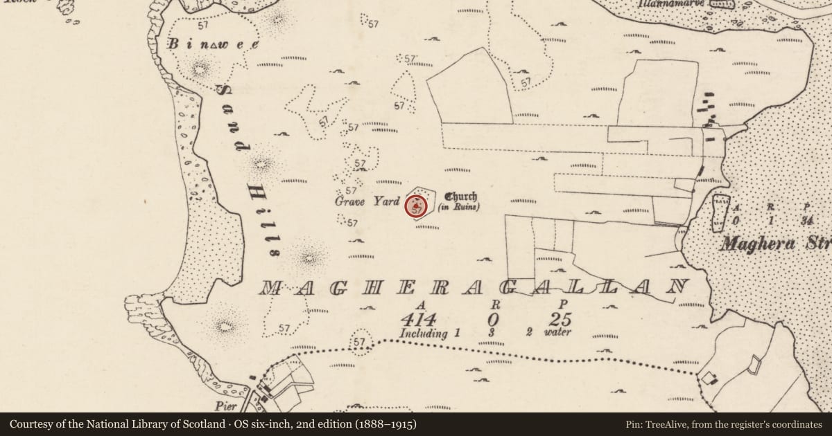 Ordnance Survey six-inch map, 2nd edition (1888–1915) covering the location of Graveyard, MacHaire Gathlán, County Donegal, with a pin at the register's coordinates