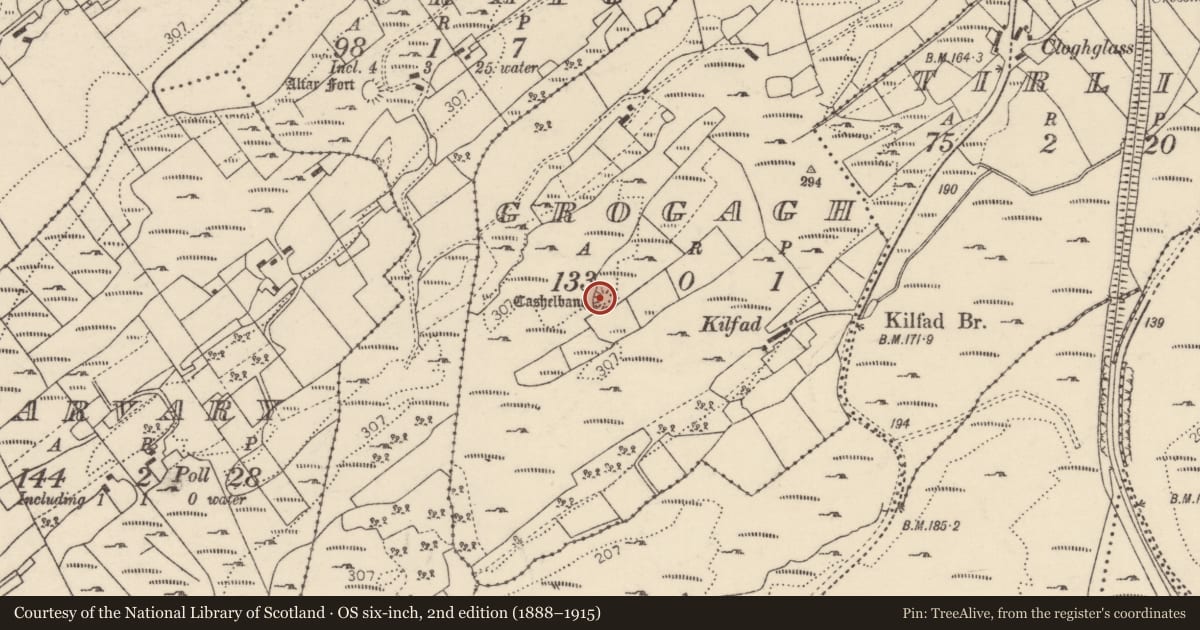 Ordnance Survey six-inch map, 2nd edition (1888–1915) covering the location of Ringfort - cashel, Grogagh, County Donegal, with a pin at the register's coordinates