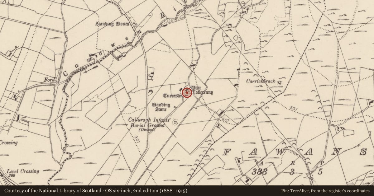 Ordnance Survey six-inch map, 2nd edition (1888–1915) covering the location of Penitential station, An Bearnas Íochtarach, County Donegal, with a pin at the register's coordinates