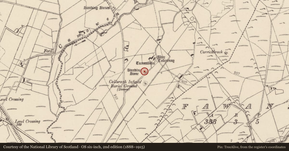 Ordnance Survey six-inch map, 2nd edition (1888–1915) covering the location of Standing stone, An Bearnas Íochtarach, County Donegal, with a pin at the register's coordinates