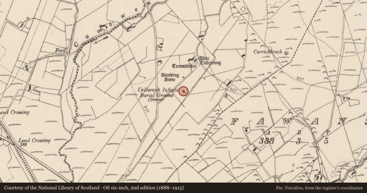 Ordnance Survey six-inch map, 2nd edition (1888–1915) covering the location of Children's burial ground, An Bearnas Íochtarach, County Donegal, with a pin at the register's coordinates