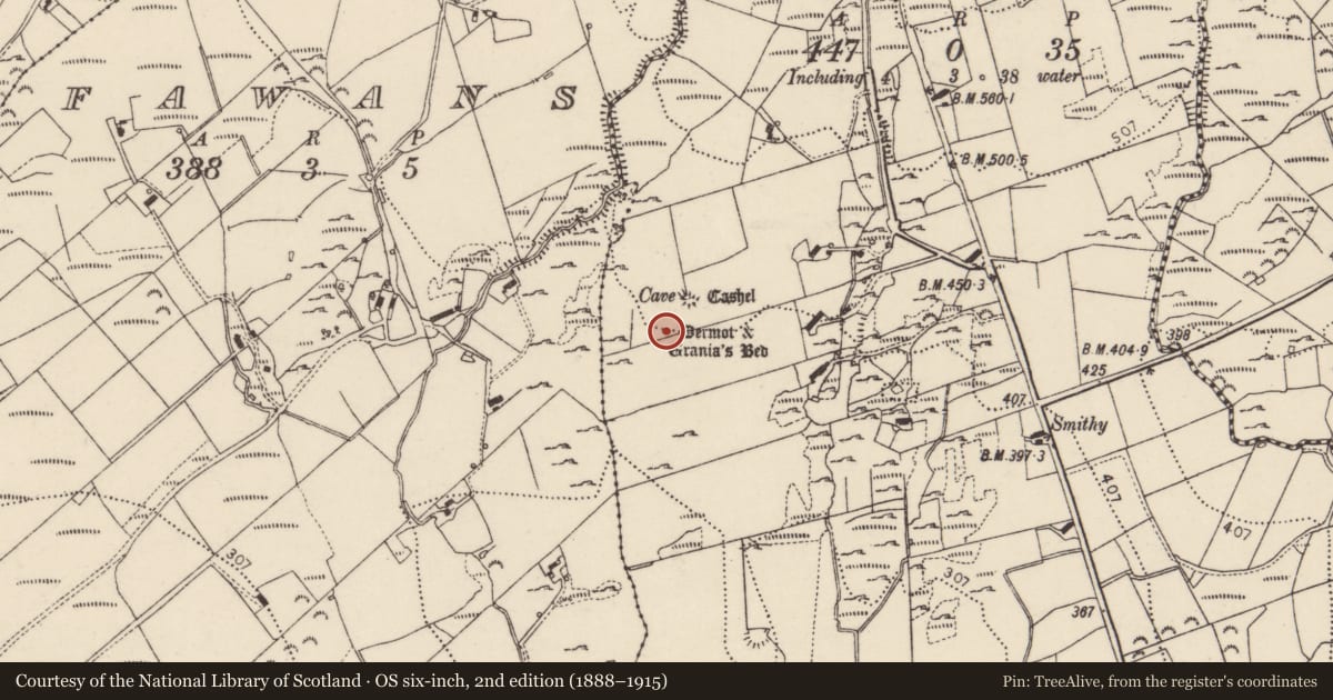 Ordnance Survey six-inch map, 2nd edition (1888–1915) covering the location of Megalithic tomb - unclassified, An Ghabhail, County Donegal, with a pin at the register's coordinates